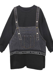 Chic black cotton Blouse o neck two pieces Plus Size Clothing tops - SooLinen