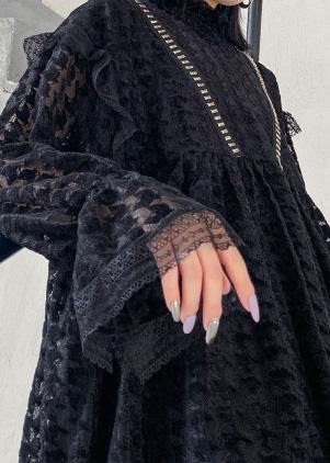 Chic black cotton Tunics hollow out cotton robes o neck Dresses - SooLinen