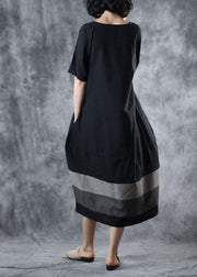 Chic black cotton dress patchwork long summer Dress - SooLinen
