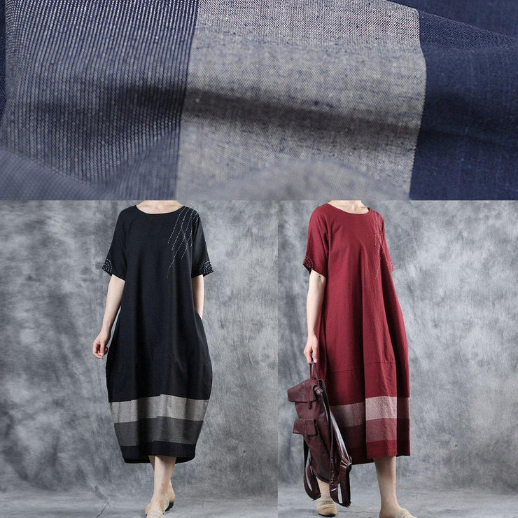 Chic black cotton dress patchwork long summer Dress - SooLinen