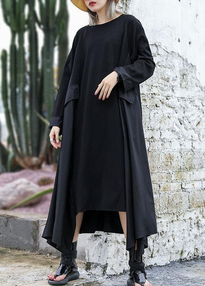 Chic black cotton quilting dresses patchwork Plus Size fall Dress - SooLinen