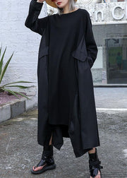 Chic black cotton quilting dresses patchwork Plus Size fall Dress - SooLinen