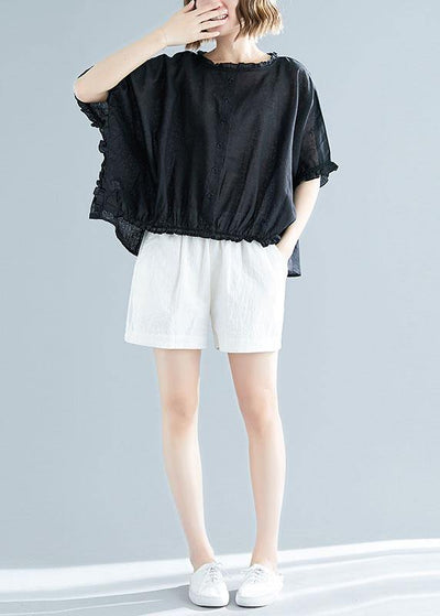 Chic black cotton tunic top ruffles tunic summer blouse - SooLinen