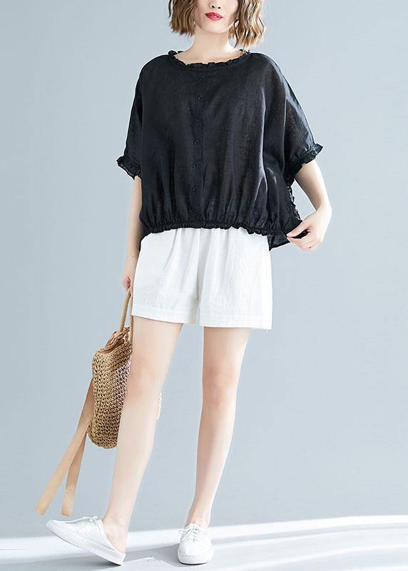 Chic black cotton tunic top ruffles tunic summer blouse - SooLinen