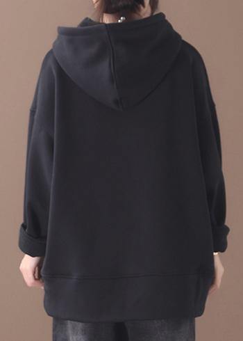 Chic black cotton tunics for women winter box hooded blouses - SooLinen
