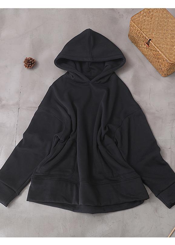 Chic black cotton tunics for women winter box hooded blouses - SooLinen
