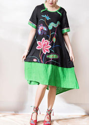 Chic black embroidery linen dresses o neck patchwork Dresses summer Dress - SooLinen