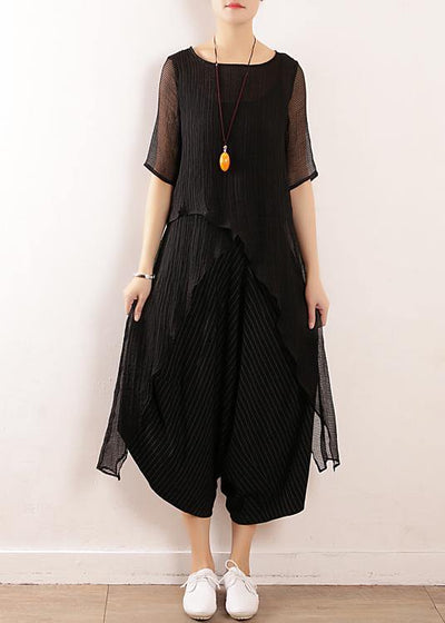 Chic black linen clothes For Women o neck short summer blouses - SooLinen