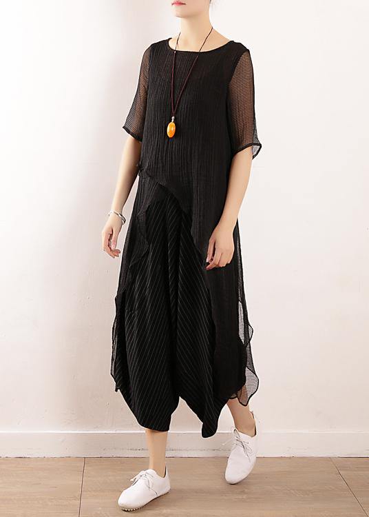 Chic black linen clothes For Women o neck short summer blouses - SooLinen