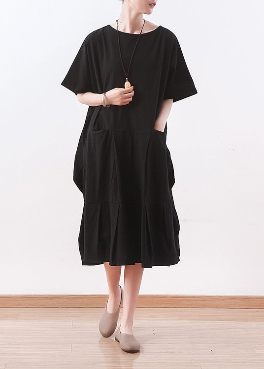 Chic black linen clothes Korea Sewing o neck asymmetric baggy Summer Dress