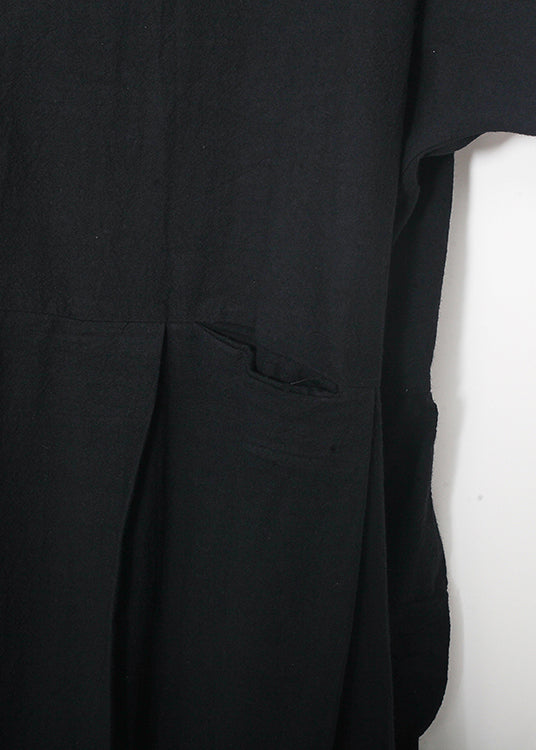Schicke schwarze Leinenkleidung Korea Nähendes asymmetrisches Baggy-Sommerkleid mit O-Ausschnitt