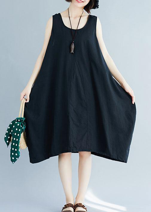 Chic black o neck linen quilting dresses sleeveless Plus Size Clothing summer Dress - SooLinen