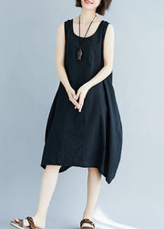 Chic black o neck linen quilting dresses sleeveless Plus Size Clothing summer Dress - SooLinen
