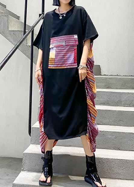 Chic black patchwork print cotton Wardrobes o neck Maxi summer Dresses - SooLinen