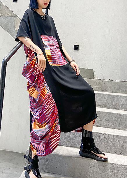 Chic black patchwork print cotton Wardrobes o neck Maxi summer Dresses - SooLinen
