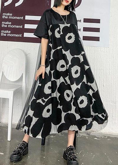 Chic black print quilting clothes o neck patchwork Maxi Dress - SooLinen