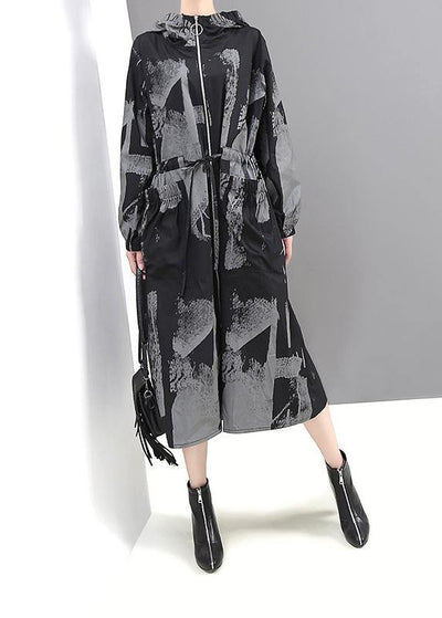 Chic black prints Fine outwear hooded tie waist jackets - SooLinen