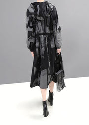 Chic black prints Fine outwear hooded tie waist jackets - SooLinen