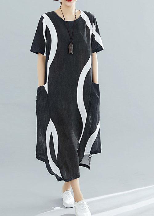 Chic black striped cotton quilting clothes o neck asymmetric Kaftan summer Dress - SooLinen