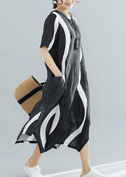 Chic black striped cotton quilting clothes o neck asymmetric Kaftan summer Dress - SooLinen
