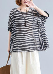 Chic black striped shirts women o neck Batwing Sleeve box shirts - SooLinen