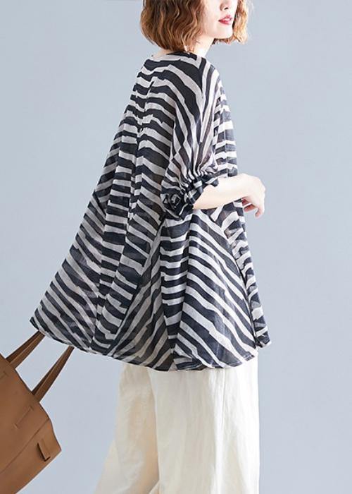Chic black striped shirts women o neck Batwing Sleeve box shirts - SooLinen