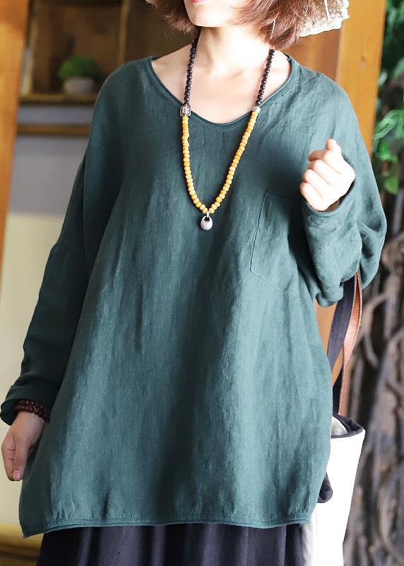 Chic blackish green linen clothes For Women side open Plus Size Clothing v neck blouse - SooLinen