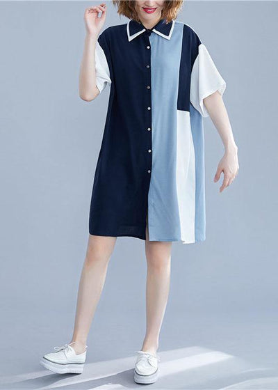 Chic blue Cotton clothes patchwork summer shirt Dress - SooLinen