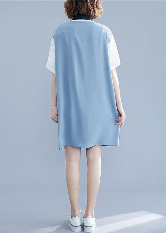 Chic blue Cotton clothes patchwork summer shirt Dress - SooLinen