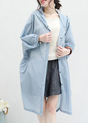 Chic blue Cotton outwear for women hooded tunic summer cardigan - SooLinen