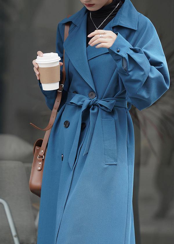 Chic blue Fashion coat for woman Tutorials Notched tie waist outwears - SooLinen