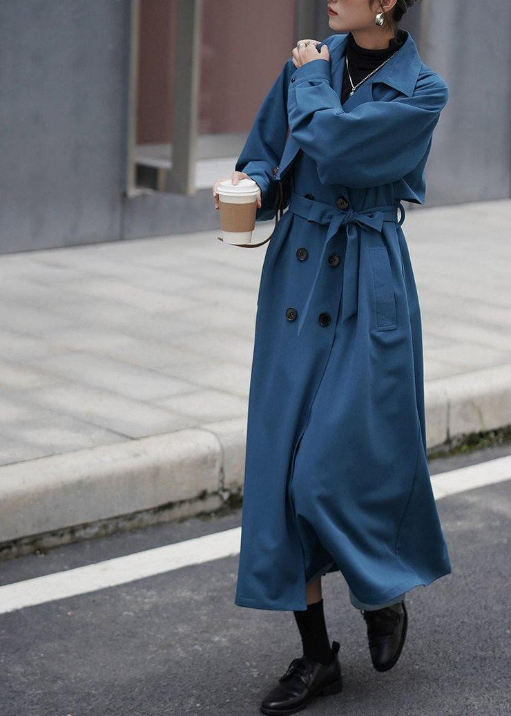 Chic blue Fashion coat for woman Tutorials Notched tie waist outwears - SooLinen