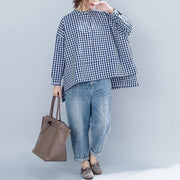 Chic blue Plaid cotton clothes For Women Casual Neckline stand collar Art shirt