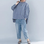 Chic blue Plaid cotton clothes For Women Casual Neckline stand collar Art shirt