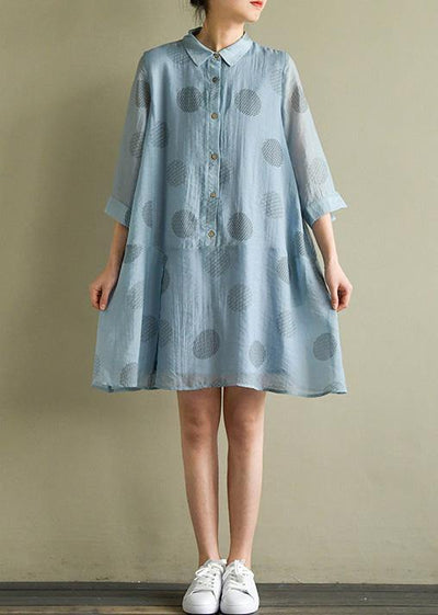 Chic blue dotted linen dress lapel half sleeve loose summer Dresses - SooLinen