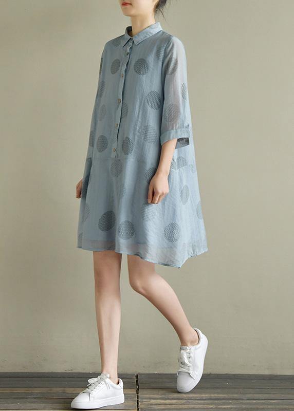 Chic blue dotted linen dress lapel half sleeve loose summer Dresses - SooLinen
