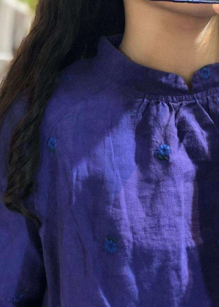 Chic blue embroidery linen tops women ruffles long sleeve loose fall blouses - SooLinen