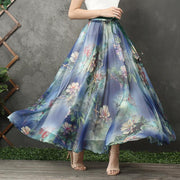 Chic blue floral chiffon Long Shirts elastic tie waist long summer Dress - SooLinen