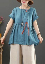 Chic blue linen linen tops women o neck Cinched oversized shirts - SooLinen