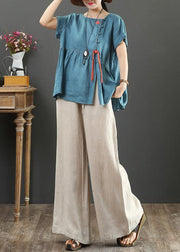 Chic blue linen linen tops women o neck Cinched oversized shirts - SooLinen