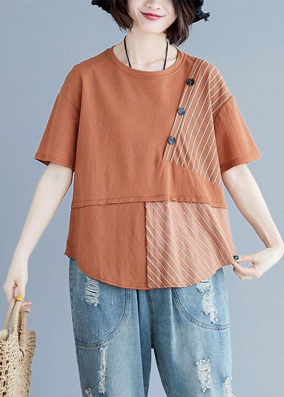 Chic brown cotton shirts o neck patchwork loose summer top - SooLinen