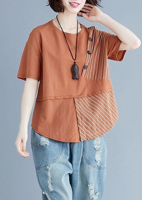 Chic brown cotton shirts o neck patchwork loose summer top - SooLinen