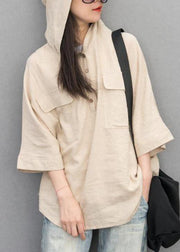 Chic cotton linen tunic pattern plus size Batwing Sleeve Solid Color Hooded Blouse - SooLinen