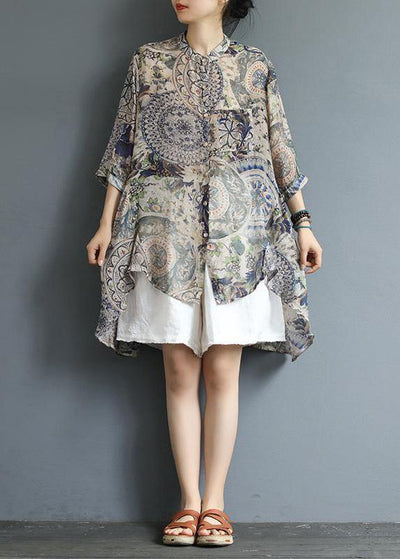 Chic cotton tunic top Korea Retro Printed High Low Hem Comfortable Blouse - SooLinen