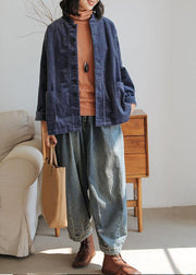 Chic dark blue cotton Blouse stand collar pockets tunic shirts - SooLinen