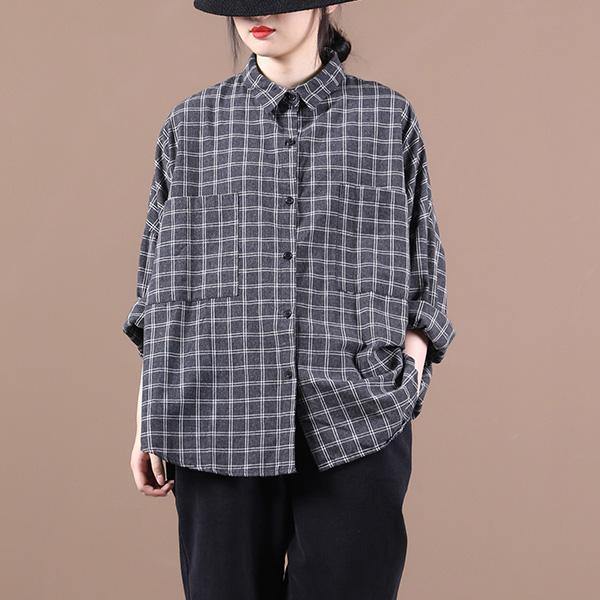 Chic black plaid shirts women lapel pockets Dresses shirt - SooLinen
