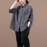 Chic black plaid shirts women lapel pockets Dresses shirt - SooLinen