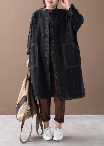 Chic denim black Fashion coat for woman Tutorials stand collar Button Down coats - SooLinen