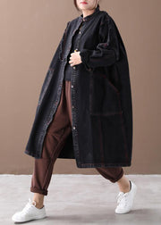 Chic denim black Fashion coat for woman Tutorials stand collar Button Down coats - SooLinen