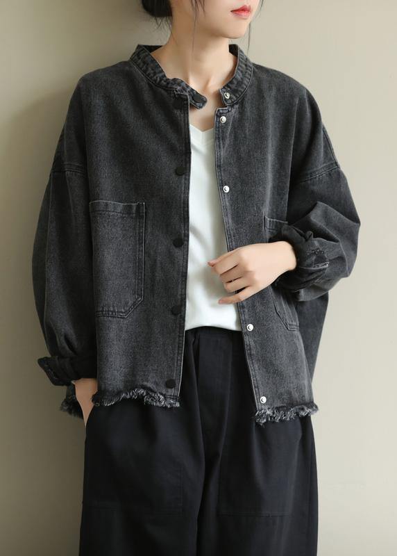 Chic denim black Plus Size clothes Work stand collar pockets outwears - SooLinen